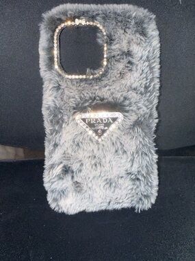 PRADA Gray Faux Fur Phone Case with Rhinestone Badge Foe IPhone 16 Pro Max